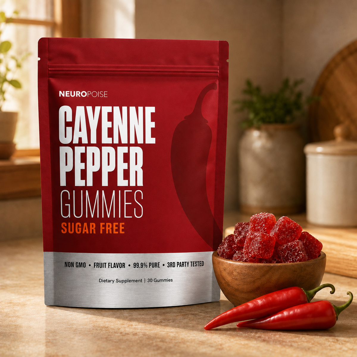 Sugar free cayenne gummy cubes on the kitchen counter