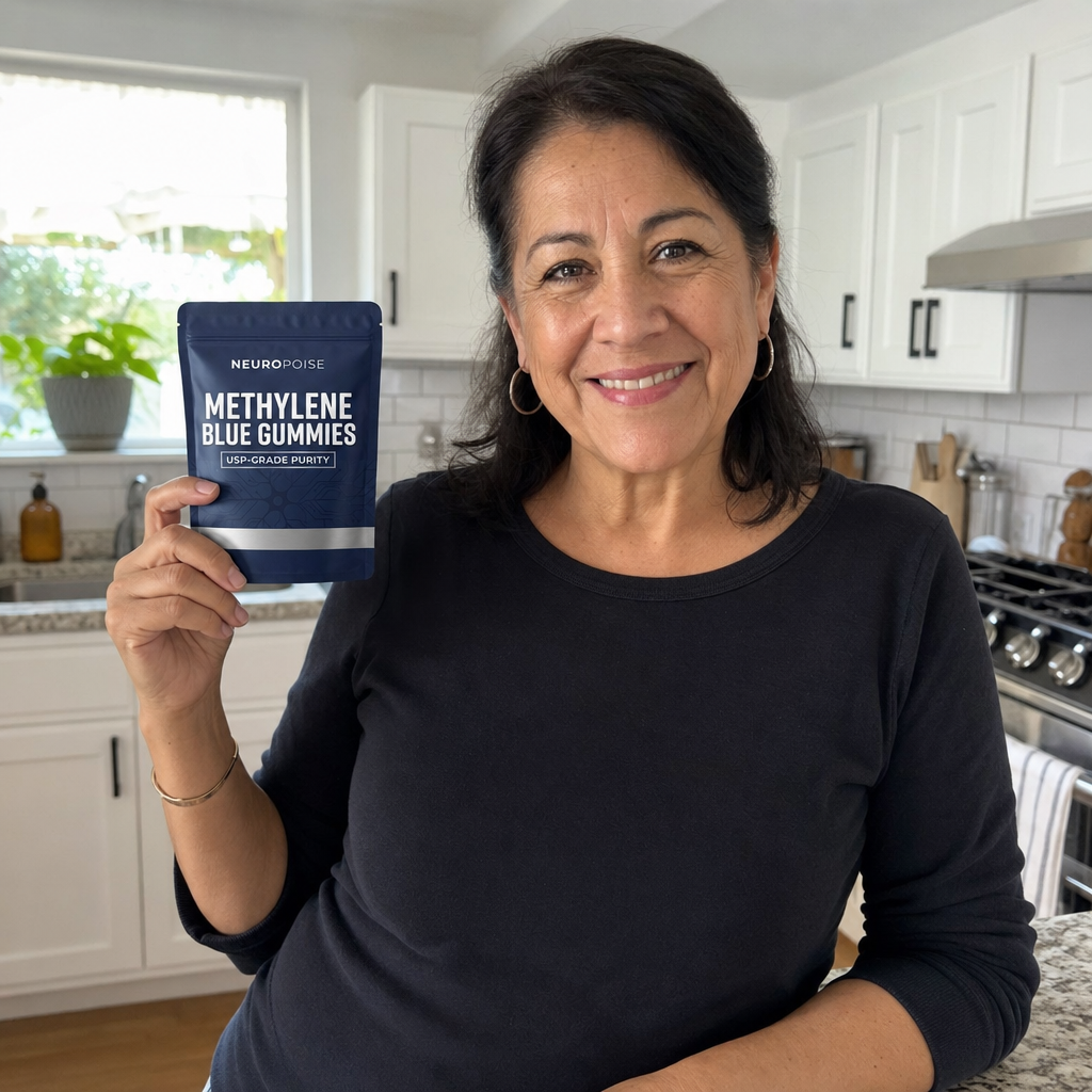 Happy customer holding a Neuropoise pouch