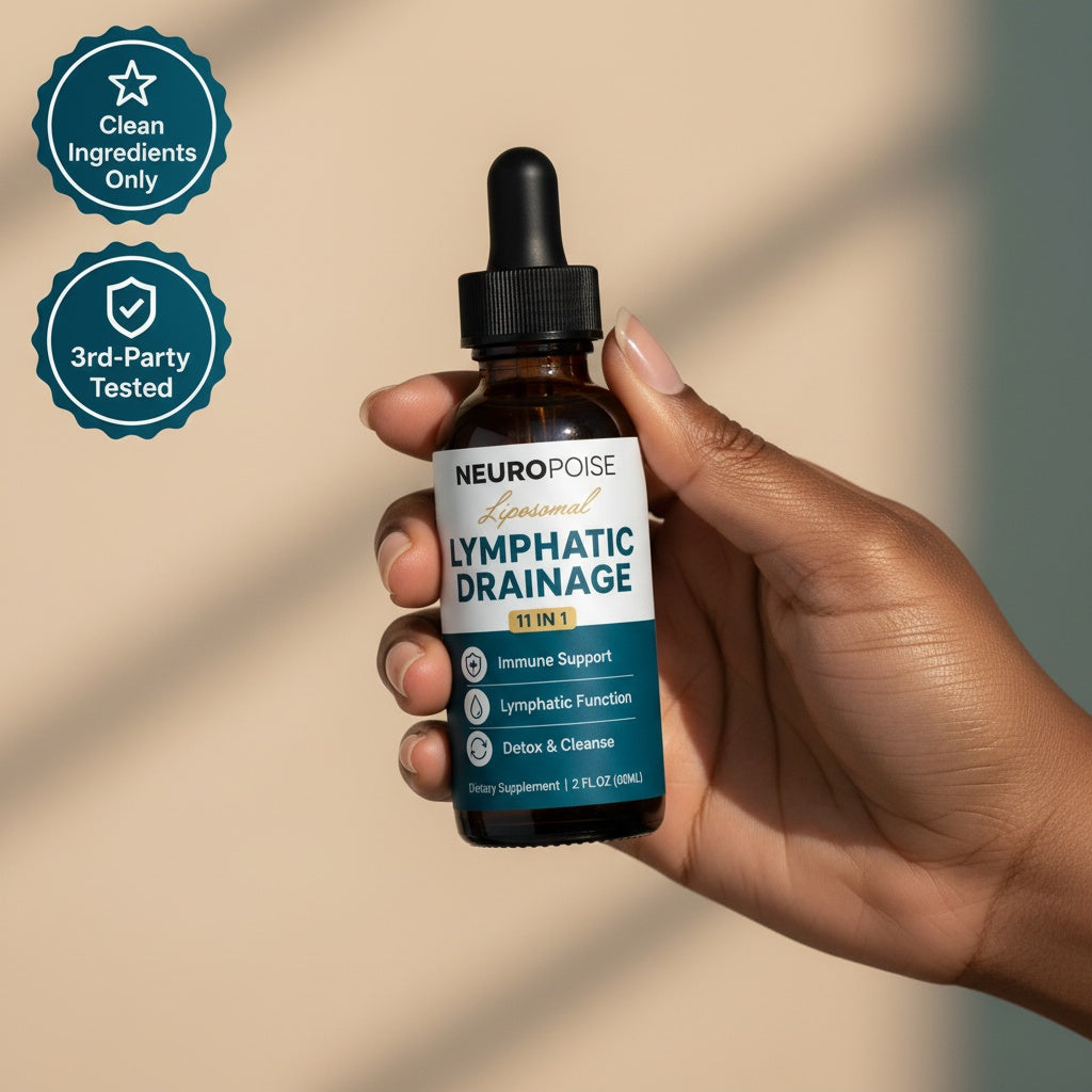 Hand holding a bottle of Neuropoise Liposomal Lymphatic Drainage Drops