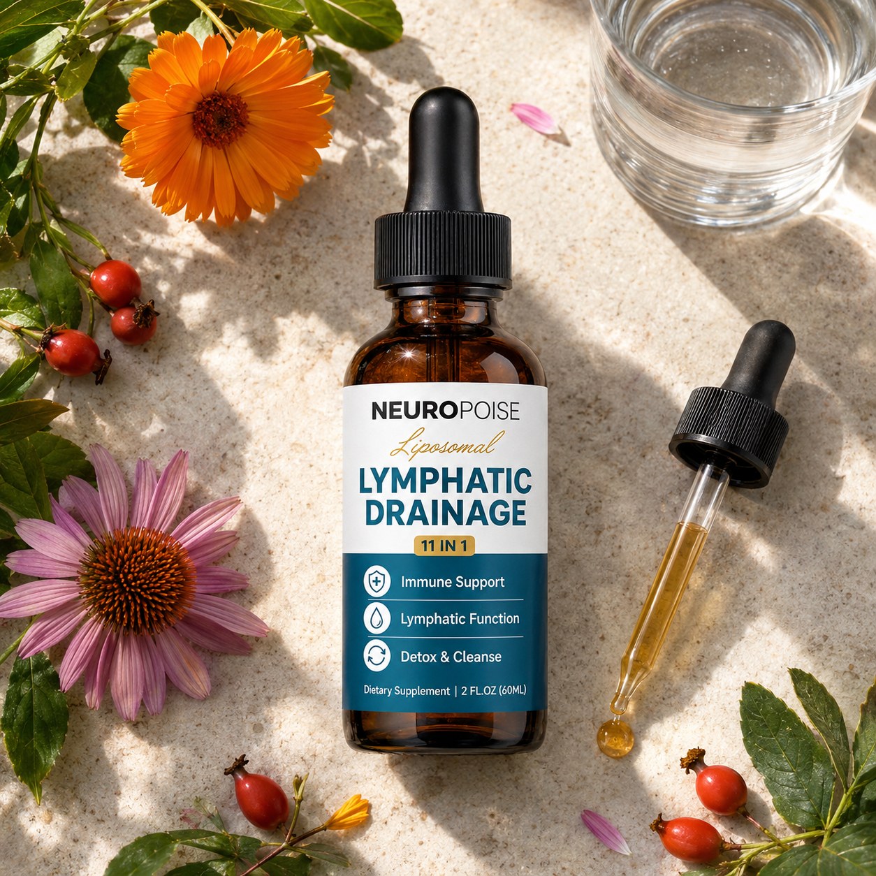 Neuropoise Lymphatic Drainage Drops with dropper and fresh botanicals