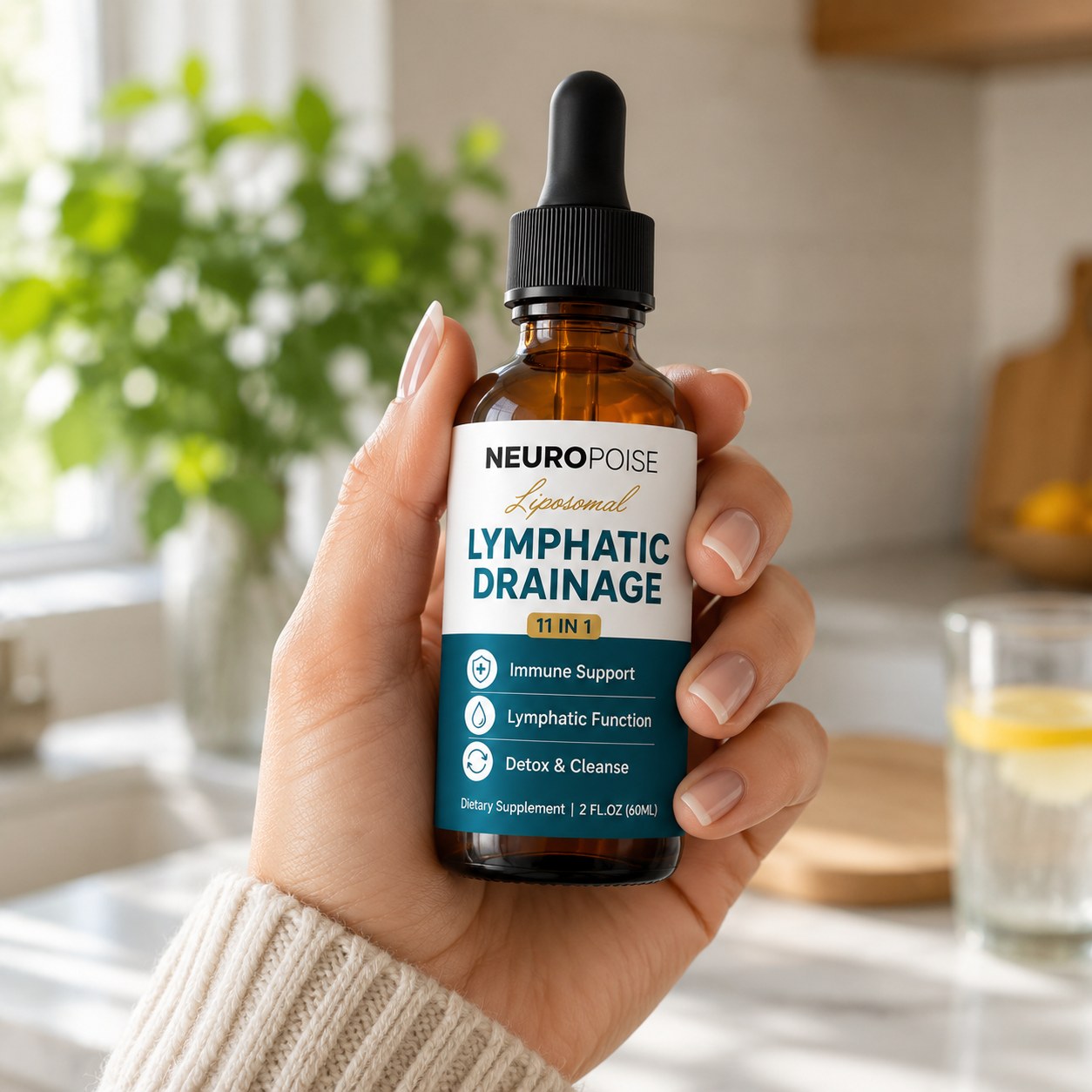 Woman holding Neuropoise Lymphatic Drainage Drops in her kitchen