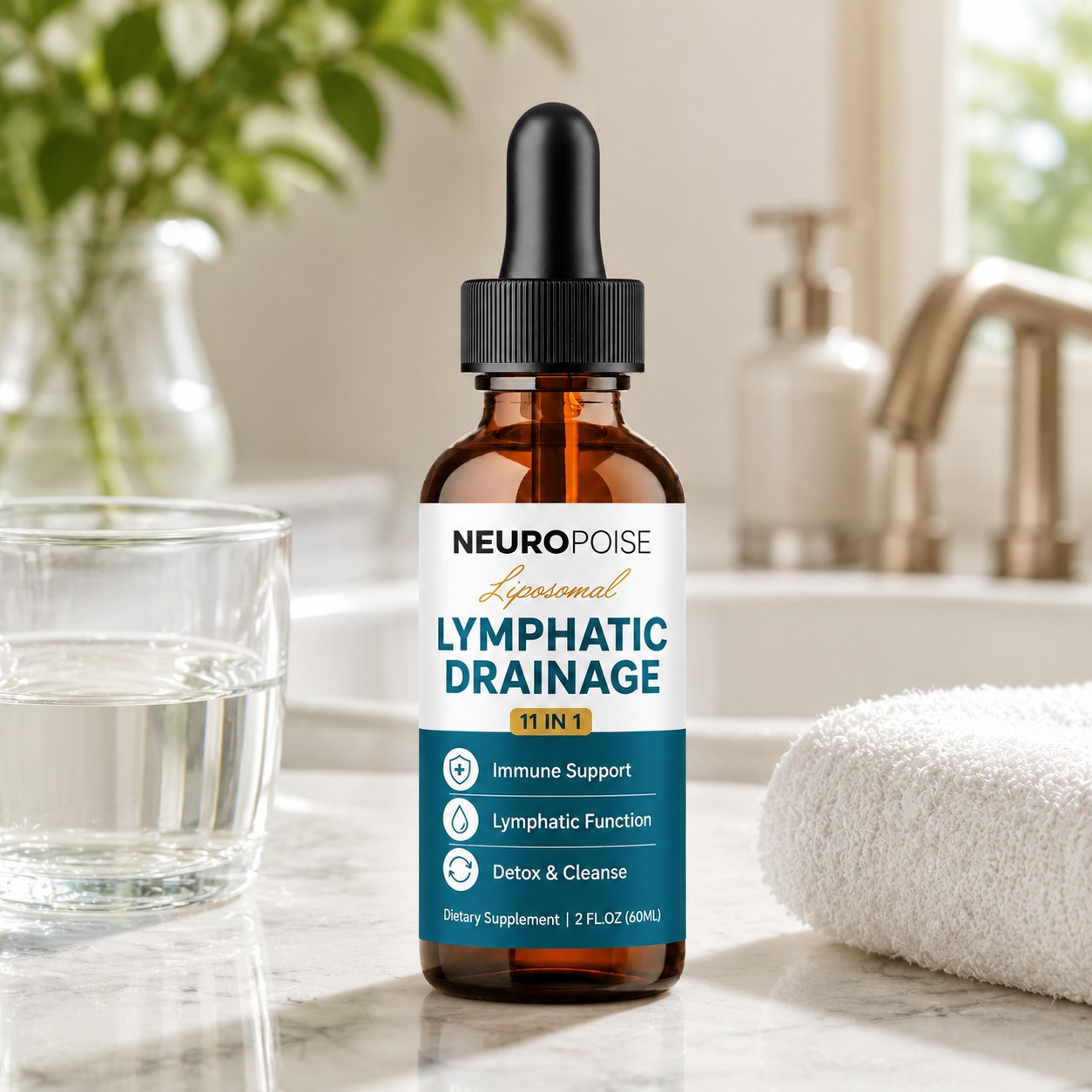 Neuropoise Liposomal Lymphatic Drainage Drops on a bathroom vanity