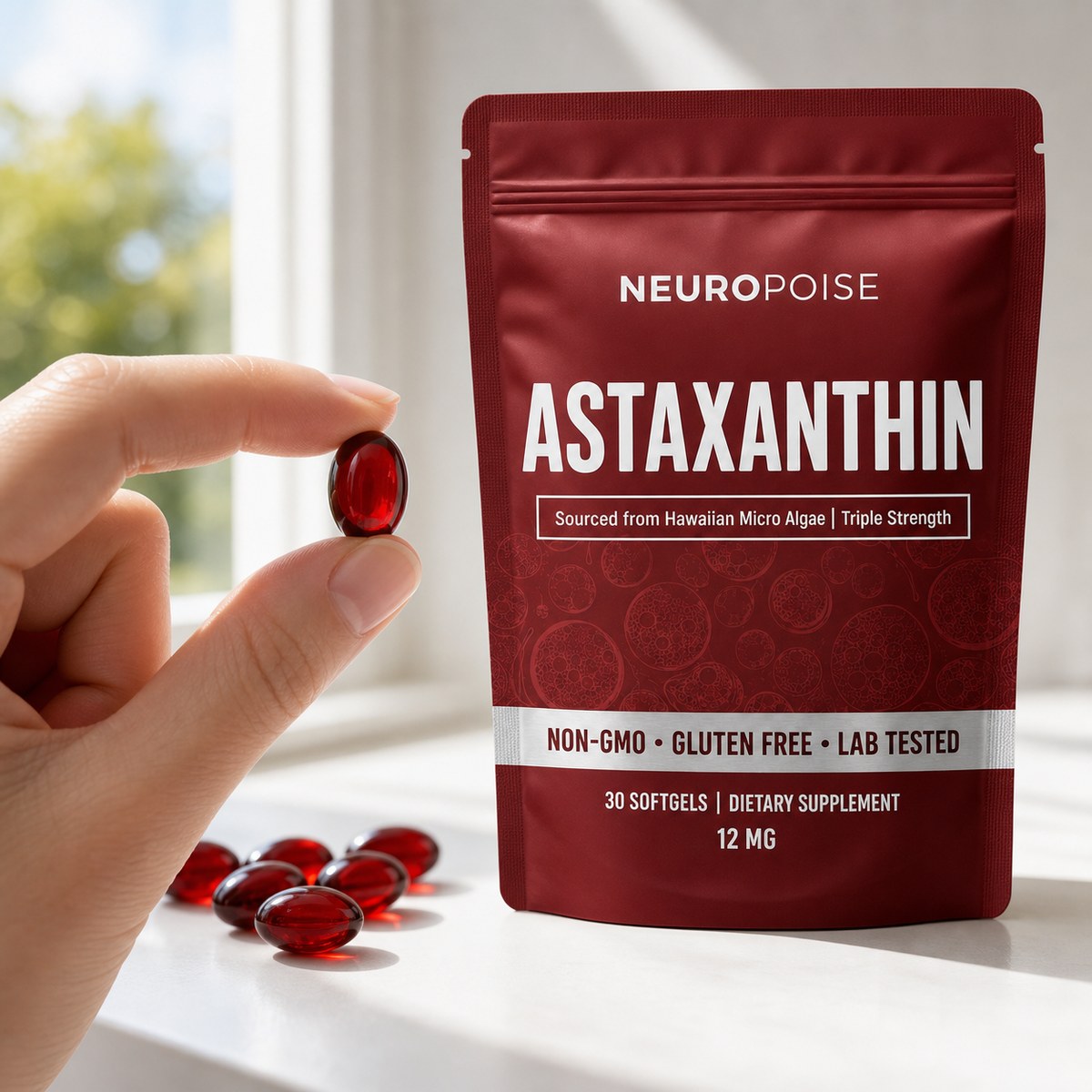 A single deep-red Neuropoise Astaxanthin Softgel held up to the light beside the product pack, showing its rich color.