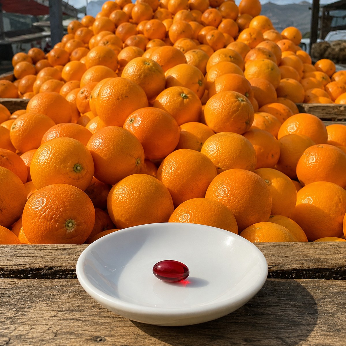 A single deep-red Neuropoise Astaxanthin Softgel beside a large pile of oranges, showing its concentrated antioxidant power.