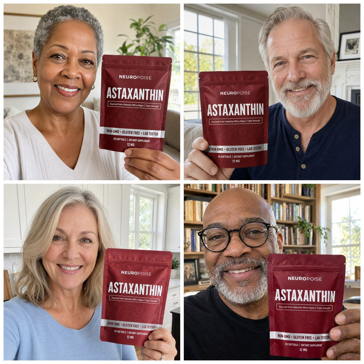 A collage of smiling Americans over 45 each holding their pack of Neuropoise Astaxanthin Softgels.