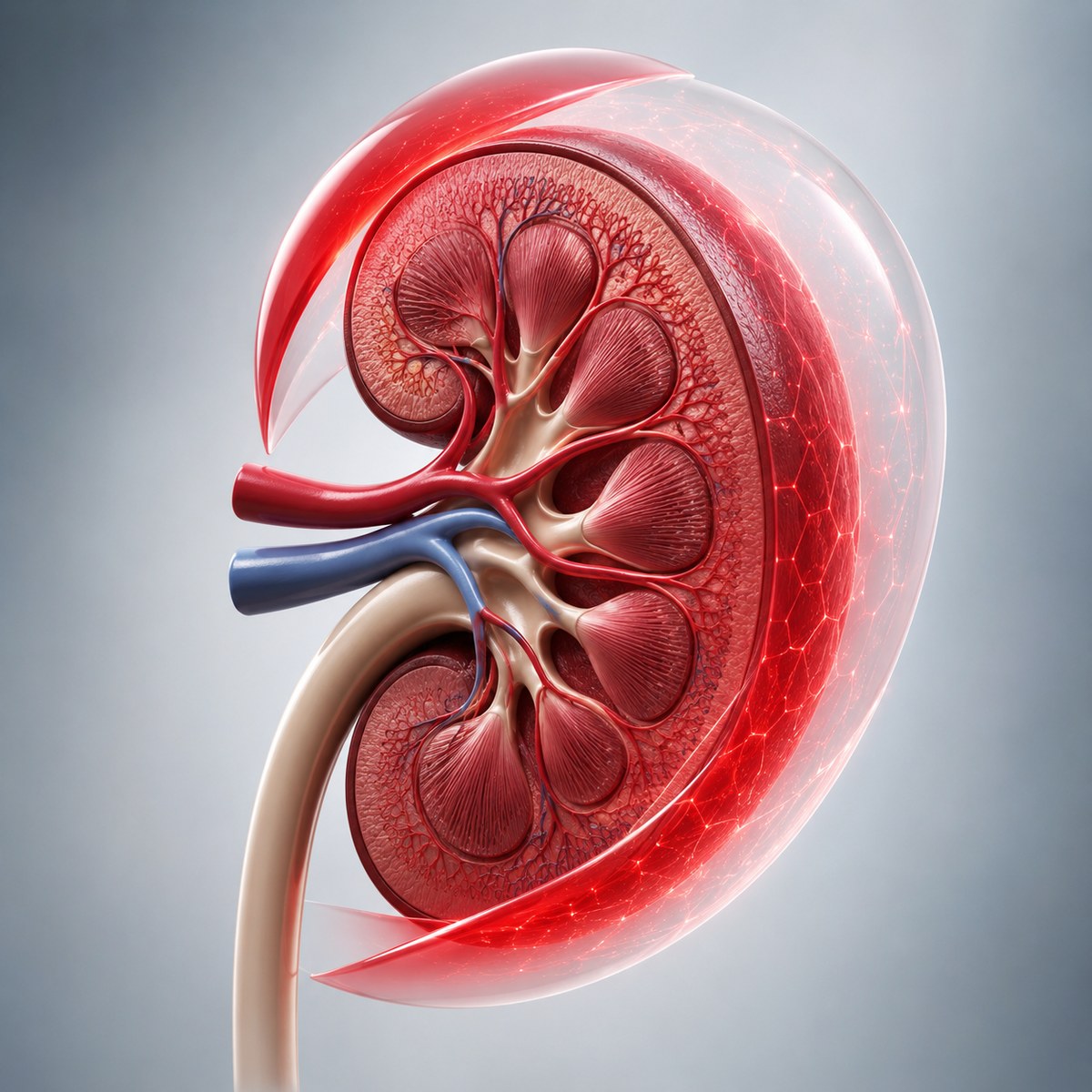 A 3D medical illustration shows a kidney with its tiny filters wrapped in a protective red layer.