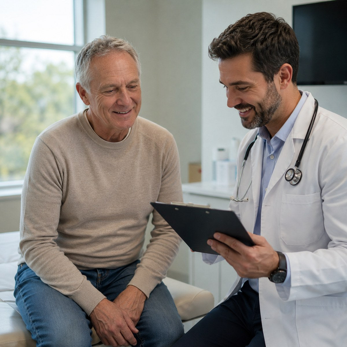 A relaxed man in his sixties smiles during a calm visit in a bright exam room.
