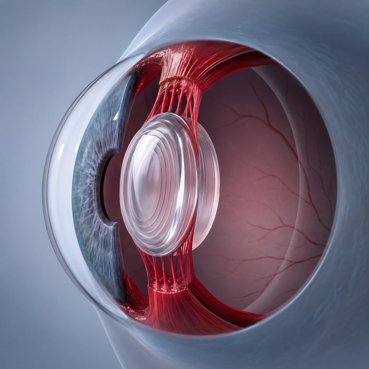 An illustration highlights the small focusing muscle around the eye's lens.