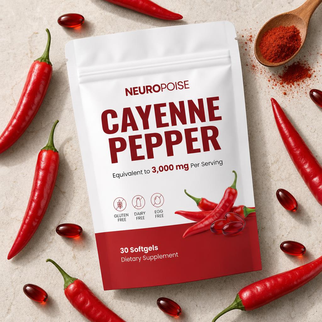 Neuropoise Cayenne Pepper Softgels with fresh cayenne peppers and softgels