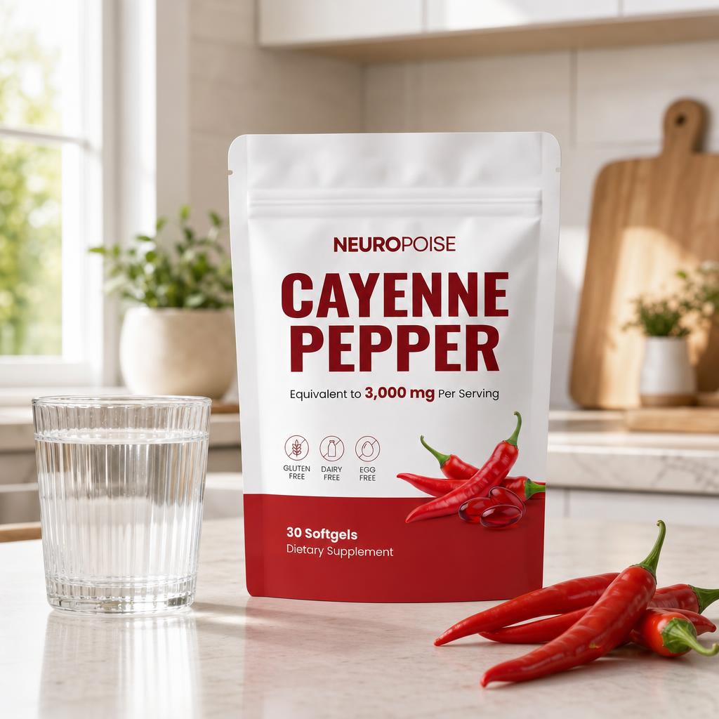 Neuropoise Cayenne Pepper Softgels on a kitchen counter