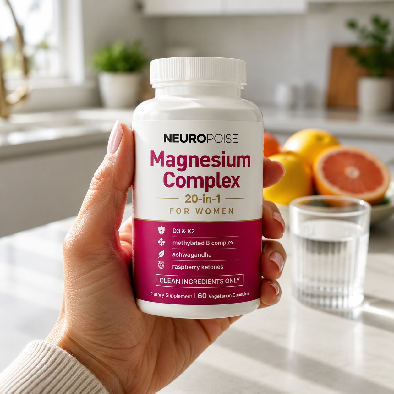 Woman holding Neuropoise Magnesium Complex in her kitchen