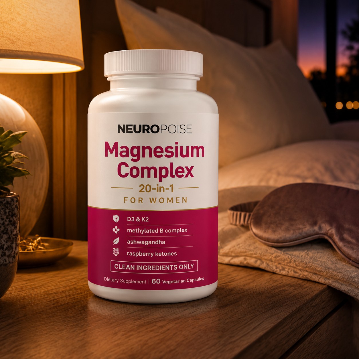 Neuropoise Magnesium Complex on a bedside table at night
