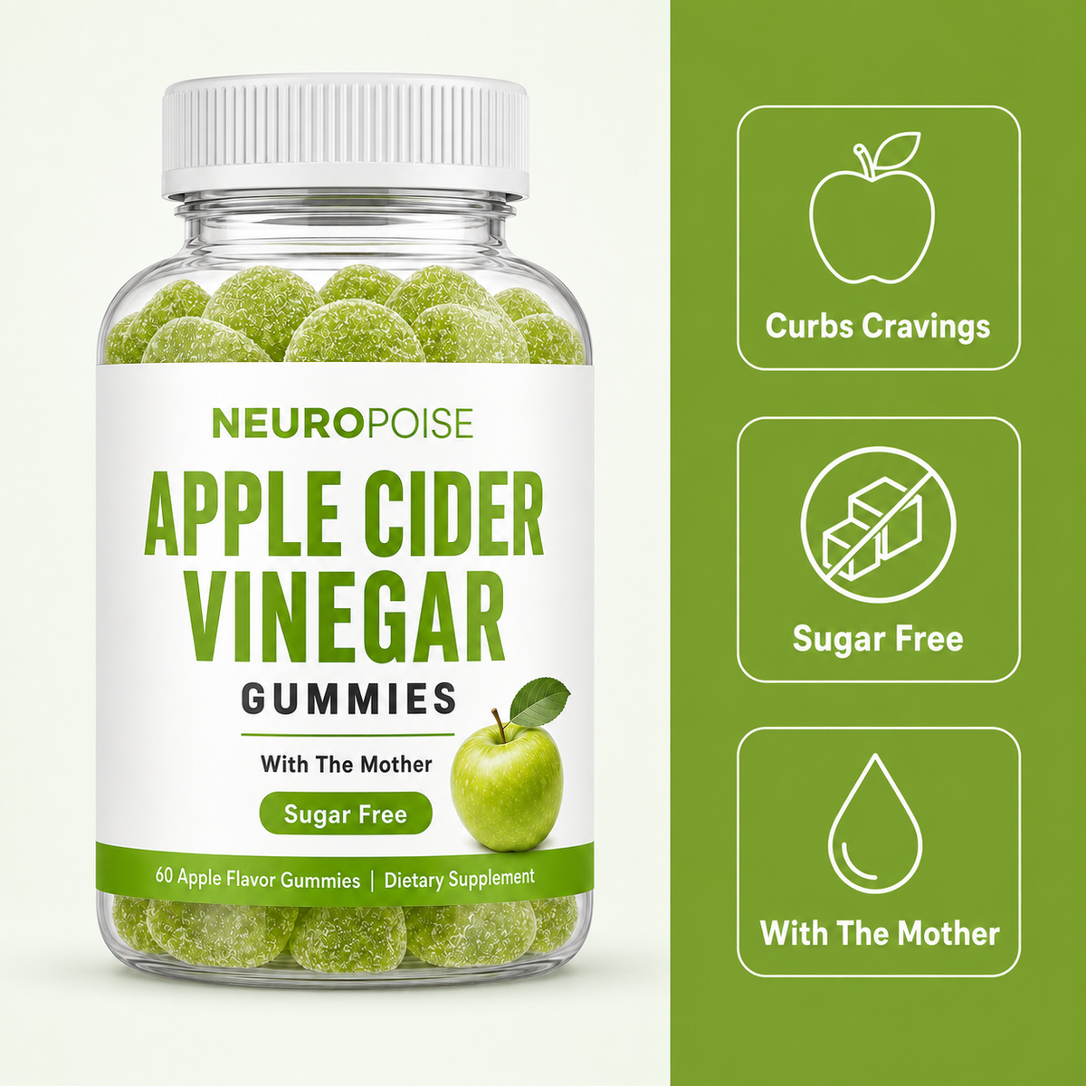 Neuropoise Apple Cider Vinegar Gummies benefits: curbs cravings, sugar free, with the Mother