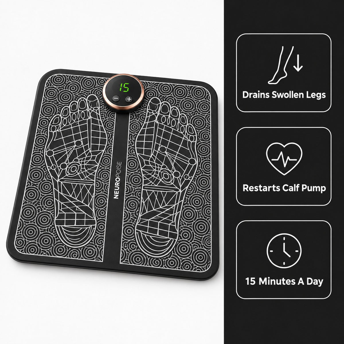 Lymphatic Drainage EMS Foot Plate benefits: drains swollen legs, restarts calf pump, 15 minutes a day