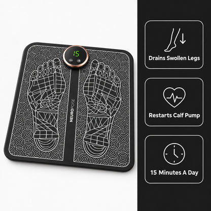 Lymphatic Drainage EMS Foot Plate benefits: drains swollen legs, restarts calf pump, 15 minutes a day