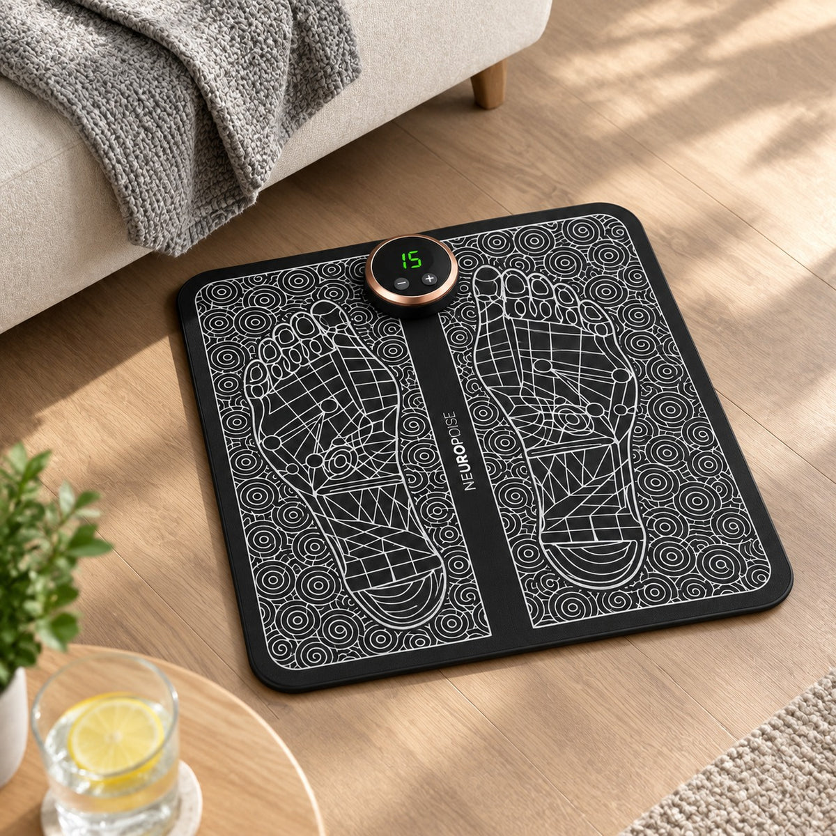 Lymphatic Drainage EMS Foot Plate on a living room floor