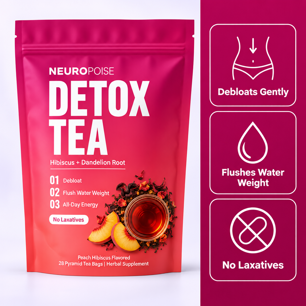 Neuropoise Detox Tea benefits: debloats gently, flushes water weight, no laxatives