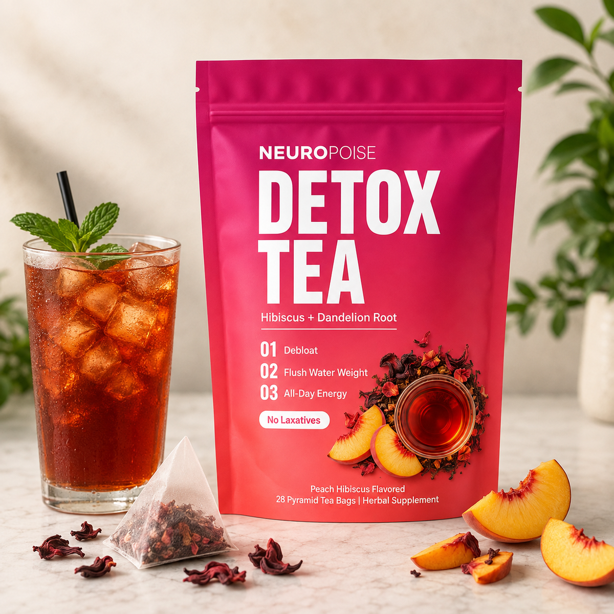 Neuropoise Detox Tea with iced peach hibiscus tea and pyramid tea bag
