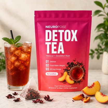 Neuropoise Detox Tea with iced peach hibiscus tea and pyramid tea bag