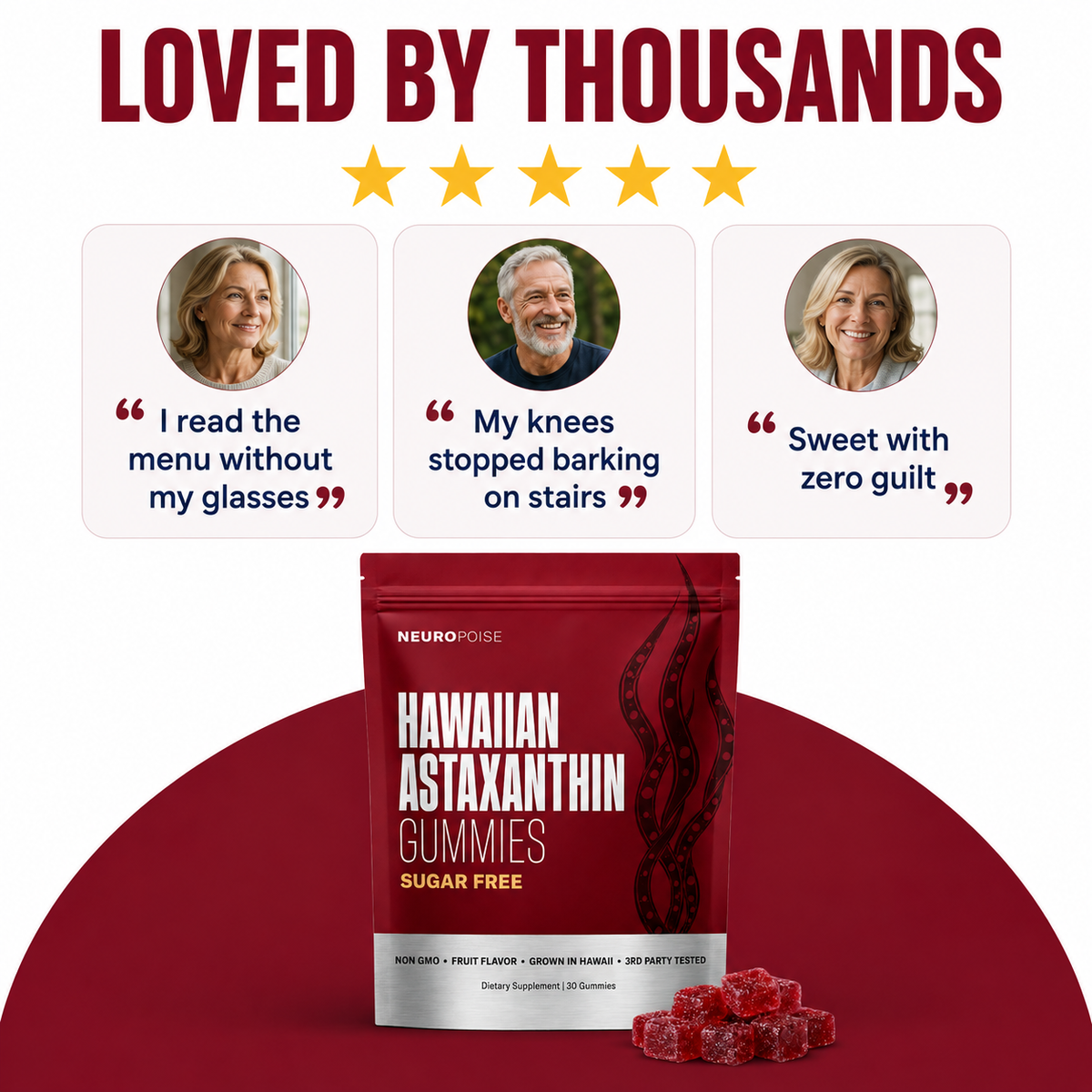 Real customers holding Neuropoise Hawaiian Astaxanthin Gummies