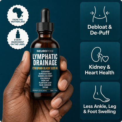 Neuropoise Lymphatic Drainage Drops with Ethiopian black seed oil, held in hand