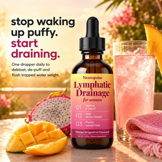 Neuropoise Lymphatic Drainage drops for women: stop waking up puffy, start draining. One dropper daily to debloat, de-puff and flush trapped water weight.