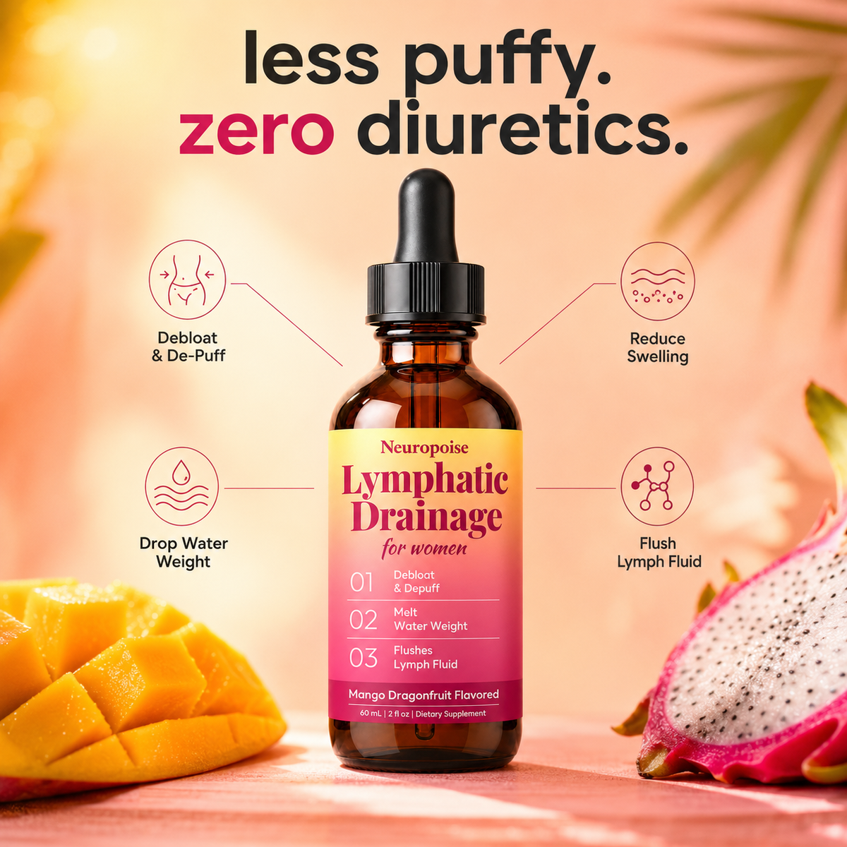 Less puffy, zero diuretics: debloat and de-puff, drop water weight, reduce swelling, flush lymph fluid.