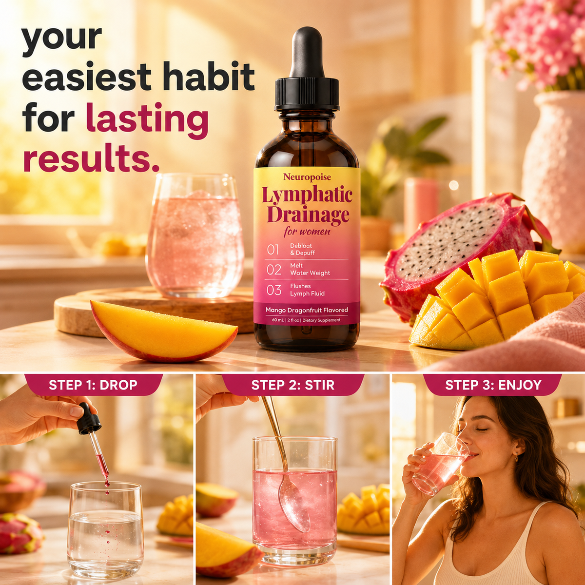 Your easiest habit for lasting results: step 1 drop, step 2 stir, step 3 enjoy.