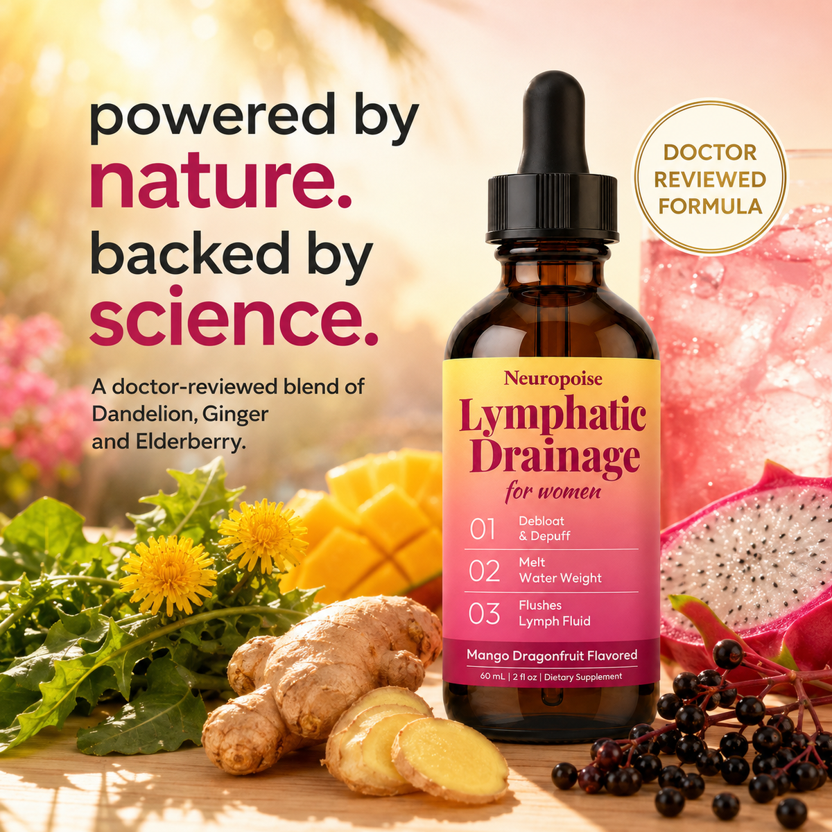 Powered by nature, backed by science: a doctor-reviewed blend of Dandelion, Ginger and Elderberry.