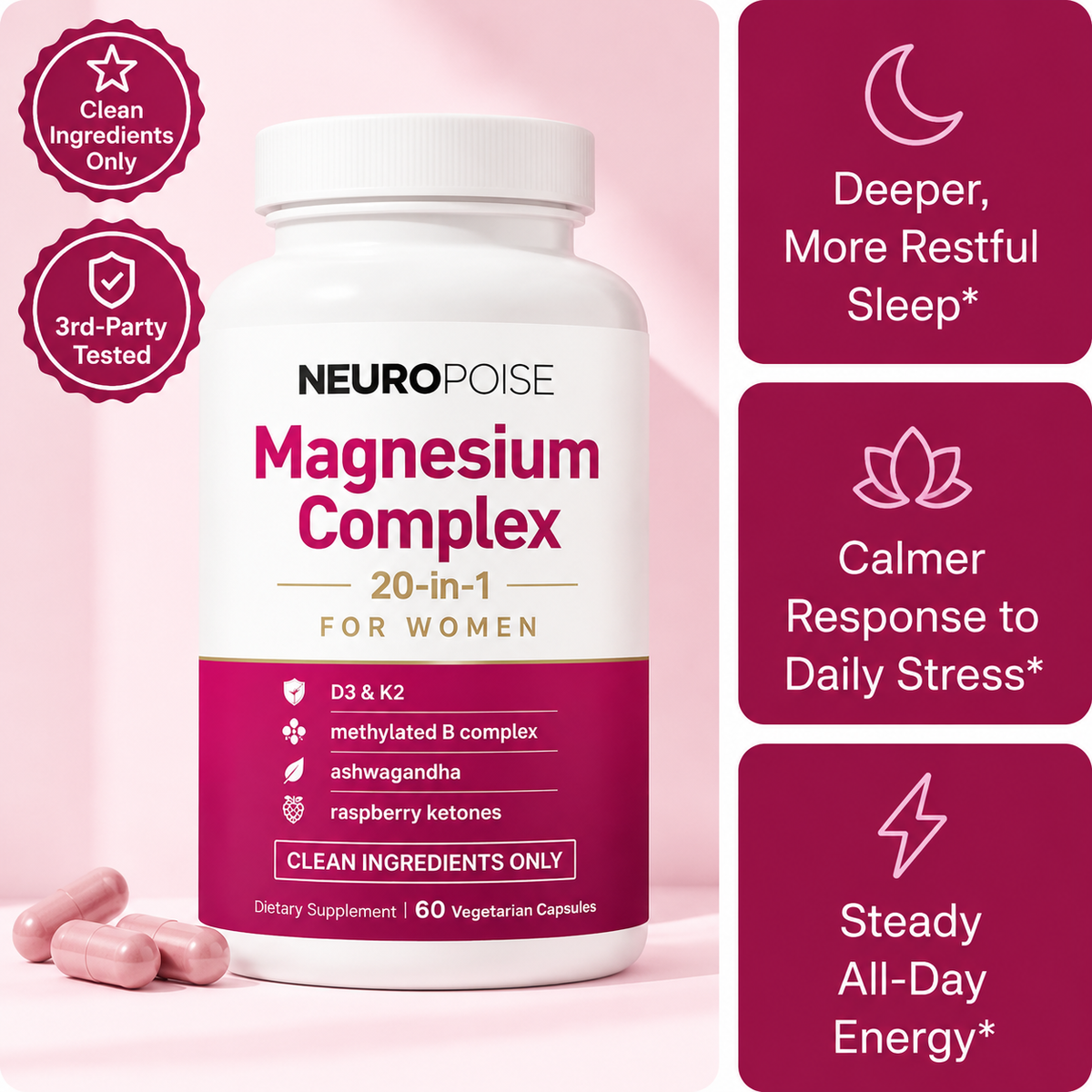 Neuropoise Magnesium Complex 20-in-1 for Women — deeper sleep, calmer stress response, steady energy