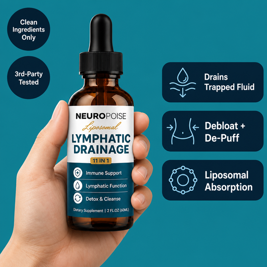 Neuropoise Lymphatic Drainage Drops held in hand with benefit icons