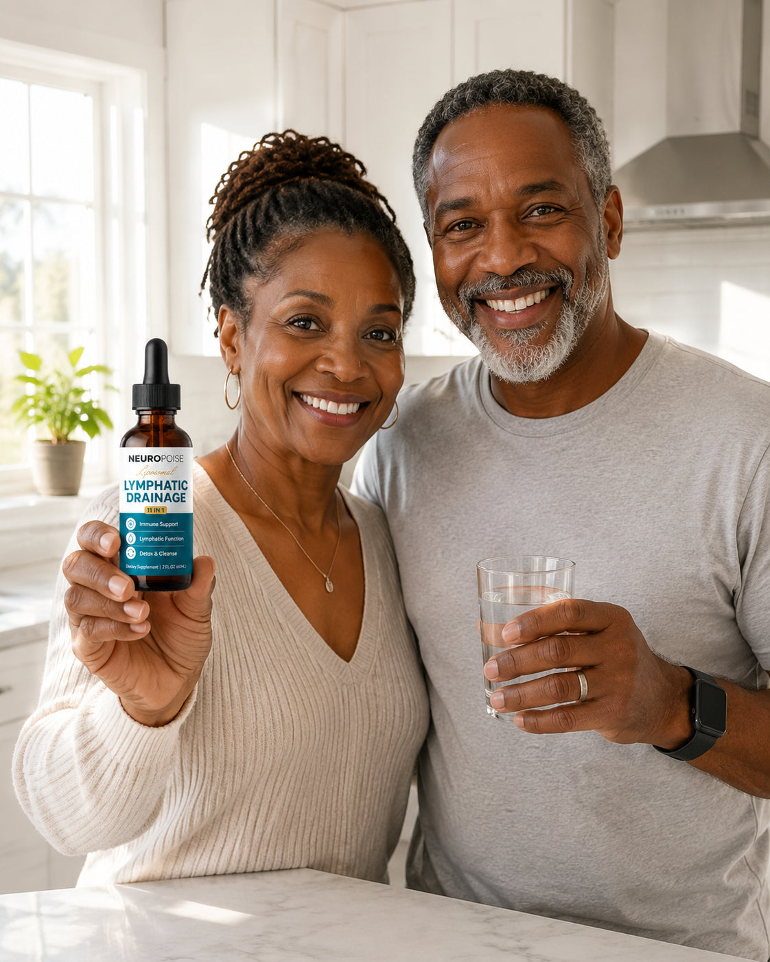 Couple taking their Neuropoise Liposomal Lymphatic Drainage Drops morning routine together