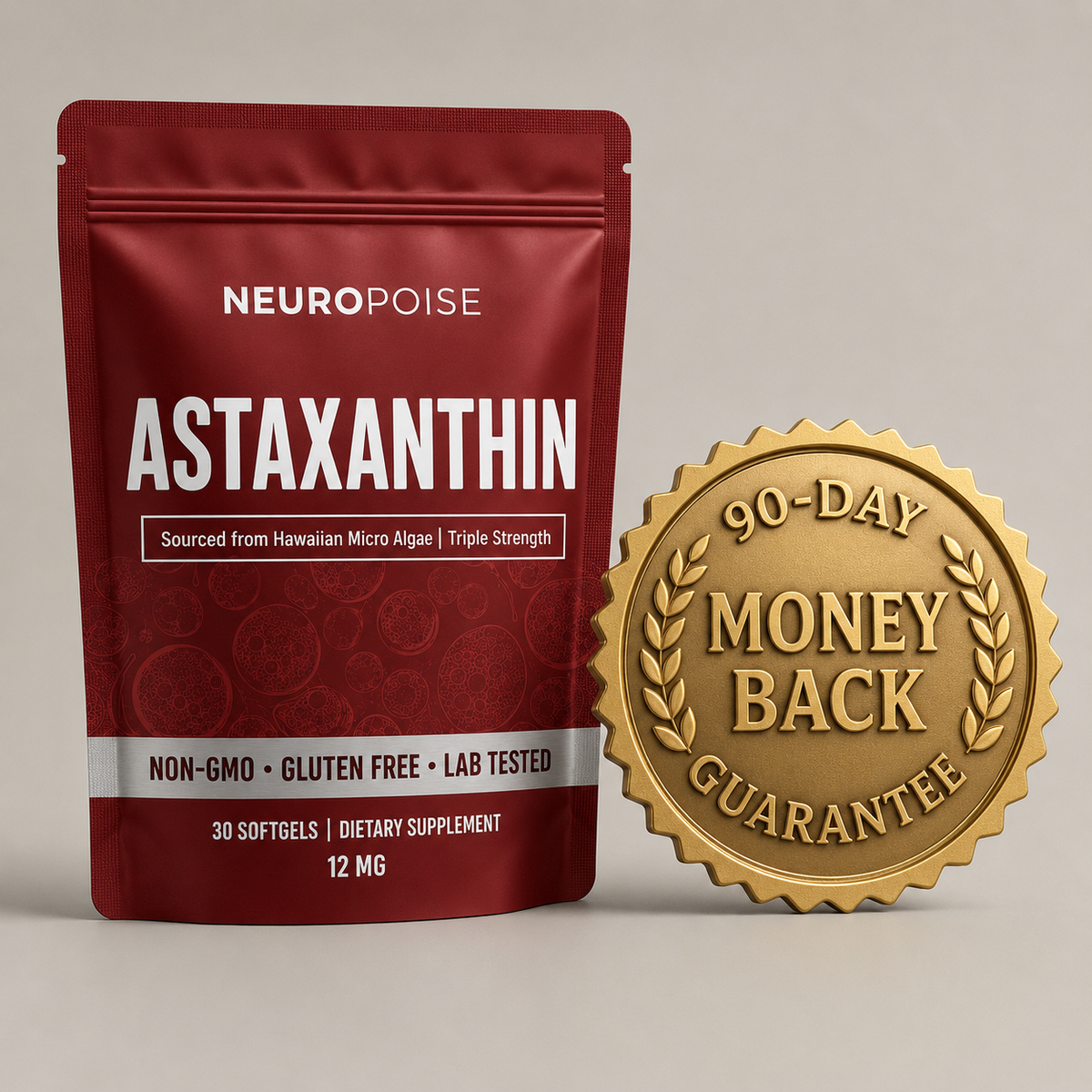 A pack of Neuropoise Astaxanthin Softgels next to a gold 90-day money back guarantee seal.