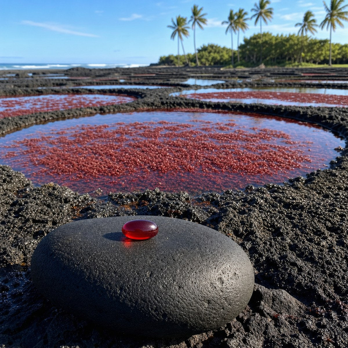 Sun-drenched open ponds of deep-red micro-algae in Hawaii, with a single Neuropoise Astaxanthin Softgel resting in the foreground.
