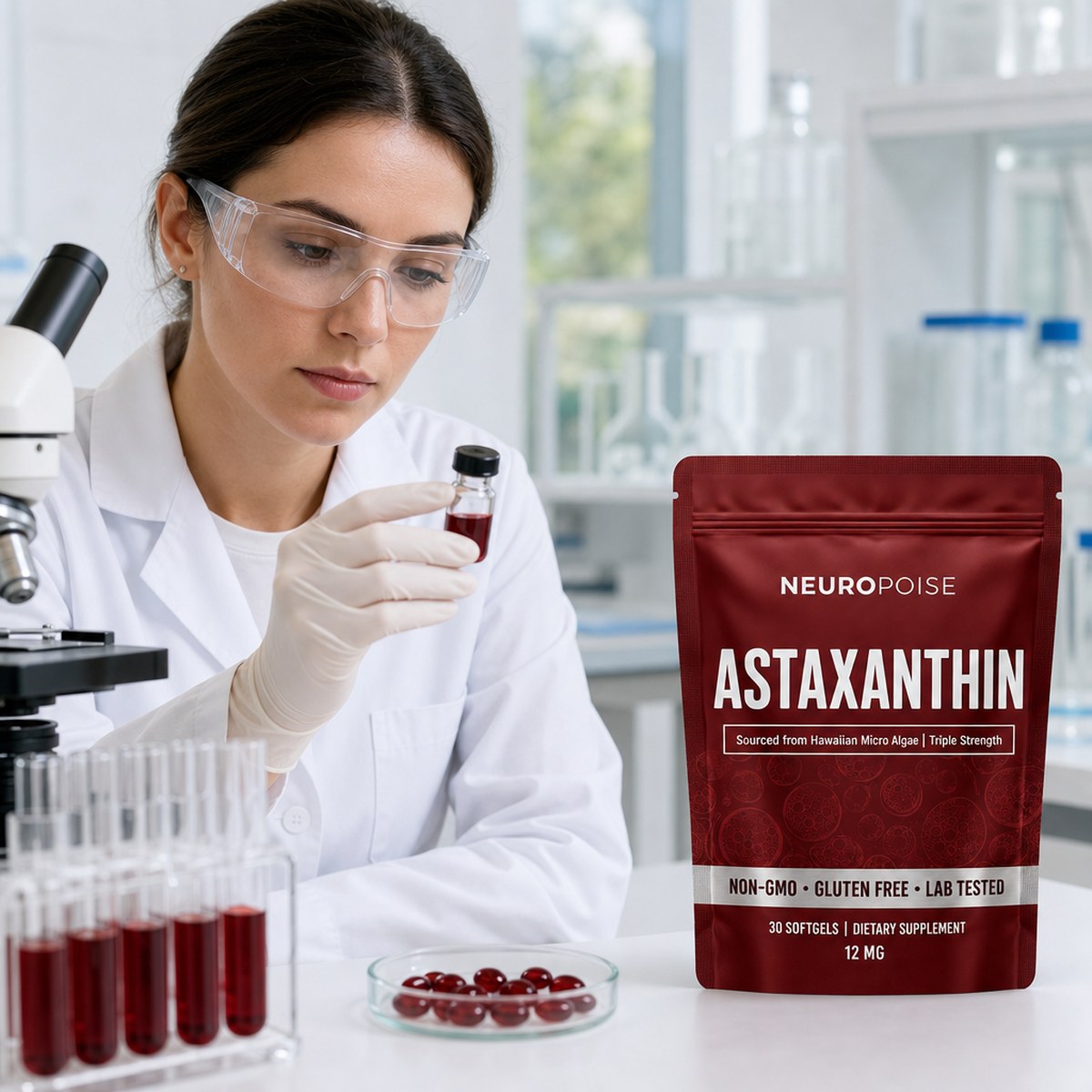 A lab technician testing a sample of Neuropoise Astaxanthin Softgels next to the product pack in a clean lab setting.