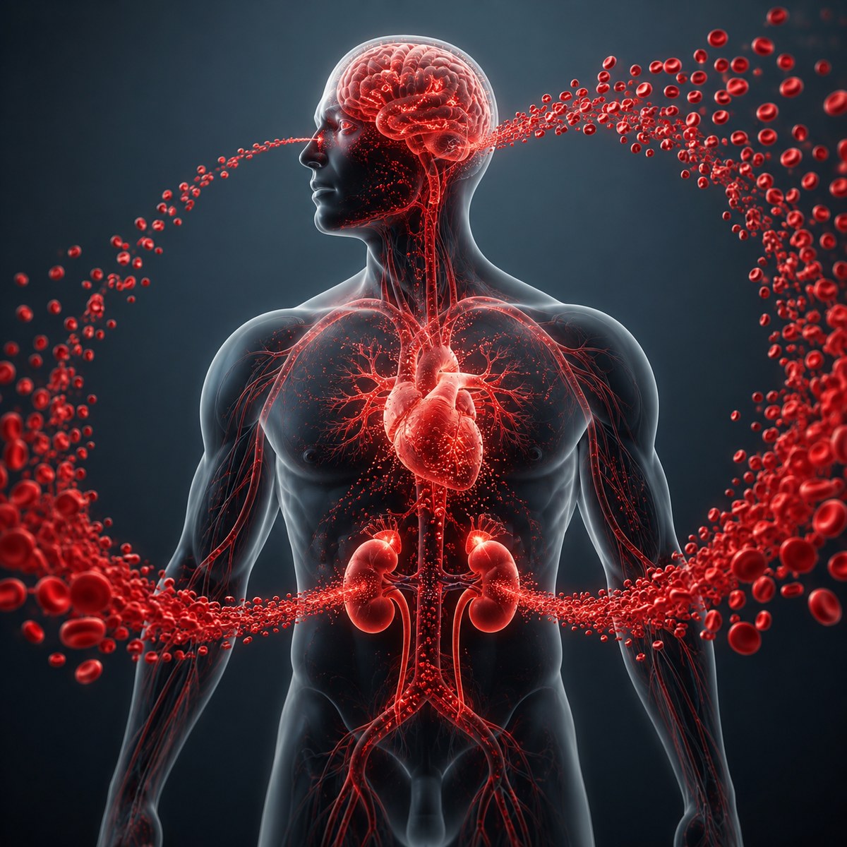 A 3D illustration shows red particles traveling through the bloodstream from the kidneys to the heart, eyes, and brain.