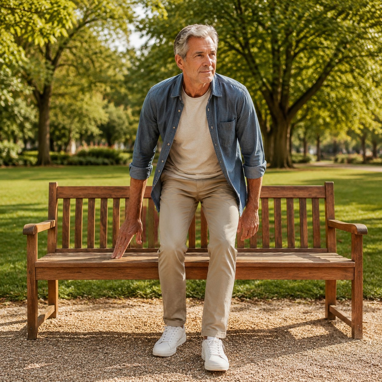 A senior man braces himself on a park bench as pain radiates from his lower back down his leg.