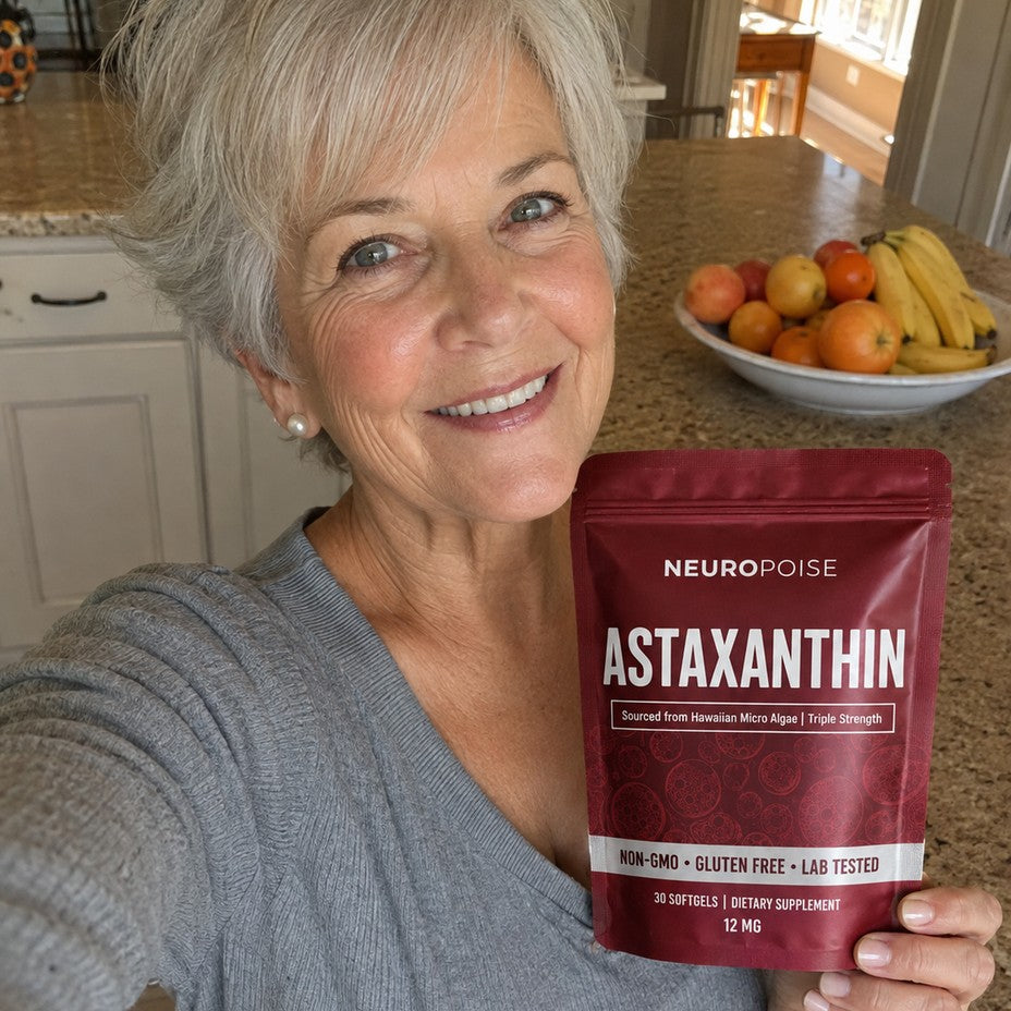 A smiling senior woman holding a crimson pouch of Neuropoise Astaxanthin Softgels in her kitchen.