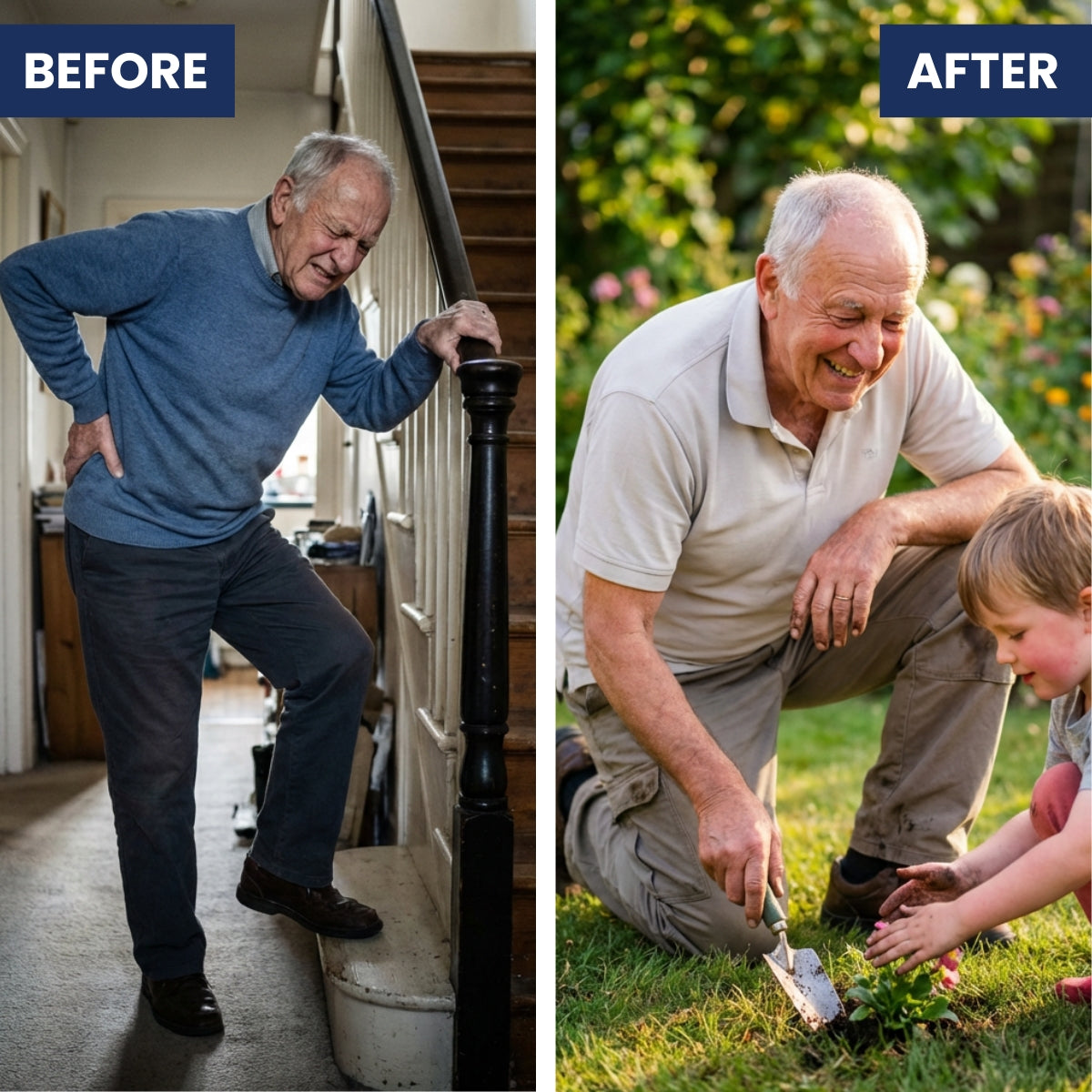 Before and after: a senior man wincing while holding his hip, then kneeling comfortably in his garden with his grandson.