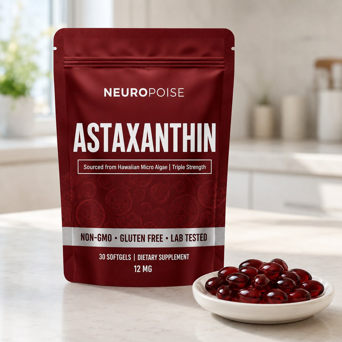 A crimson pouch of Neuropoise Astaxanthin Softgels beside a pile of glossy deep-red softgels, made for fast, easy absorption.