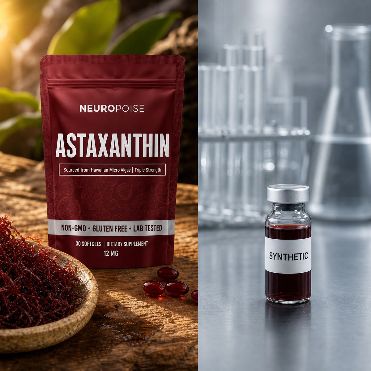 A crimson pouch of Neuropoise Astaxanthin Softgels beside natural red Hawaiian algae, contrasted with a synthetic lab vial.
