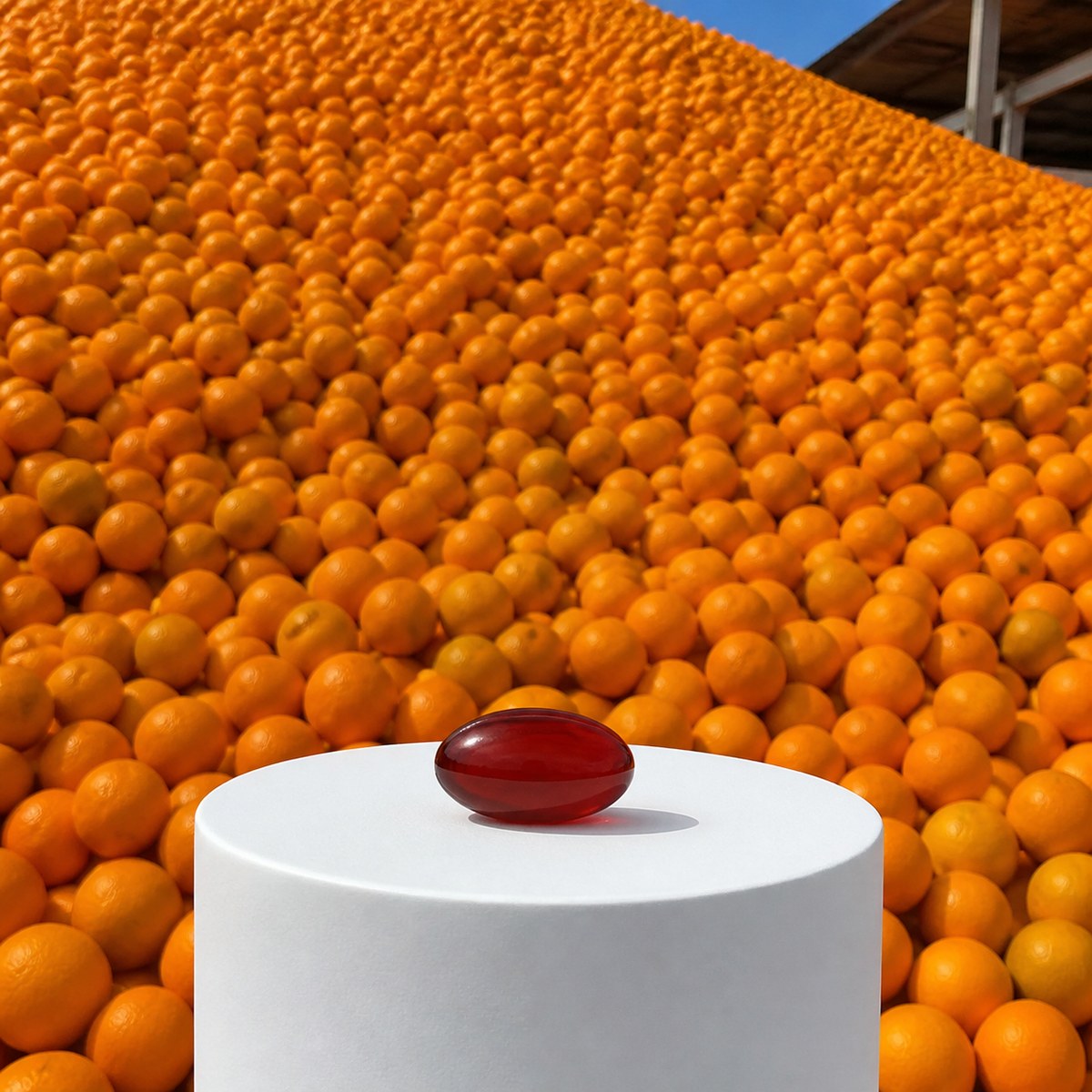 A single deep-red Neuropoise softgel in front of a massive pile of 16,000 oranges.