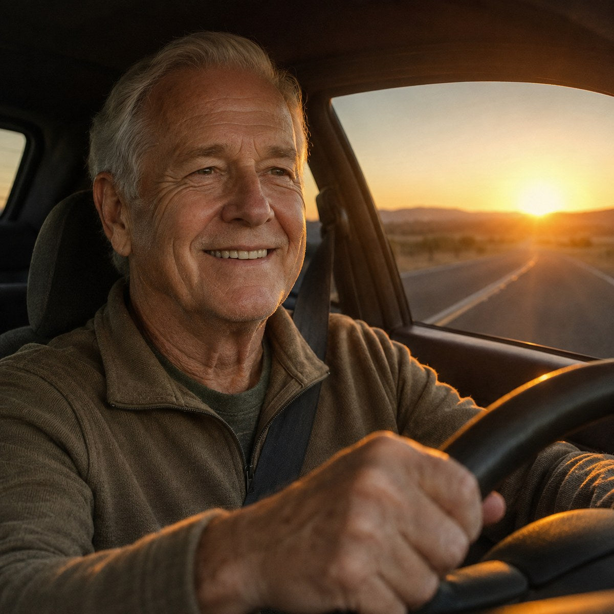 A relaxed man in his sixties drives at dusk with a clear road ahead.