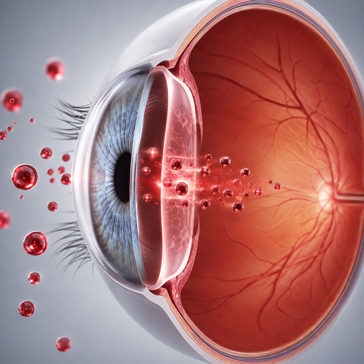 An illustration shows red antioxidant particles crossing a barrier into the eye.