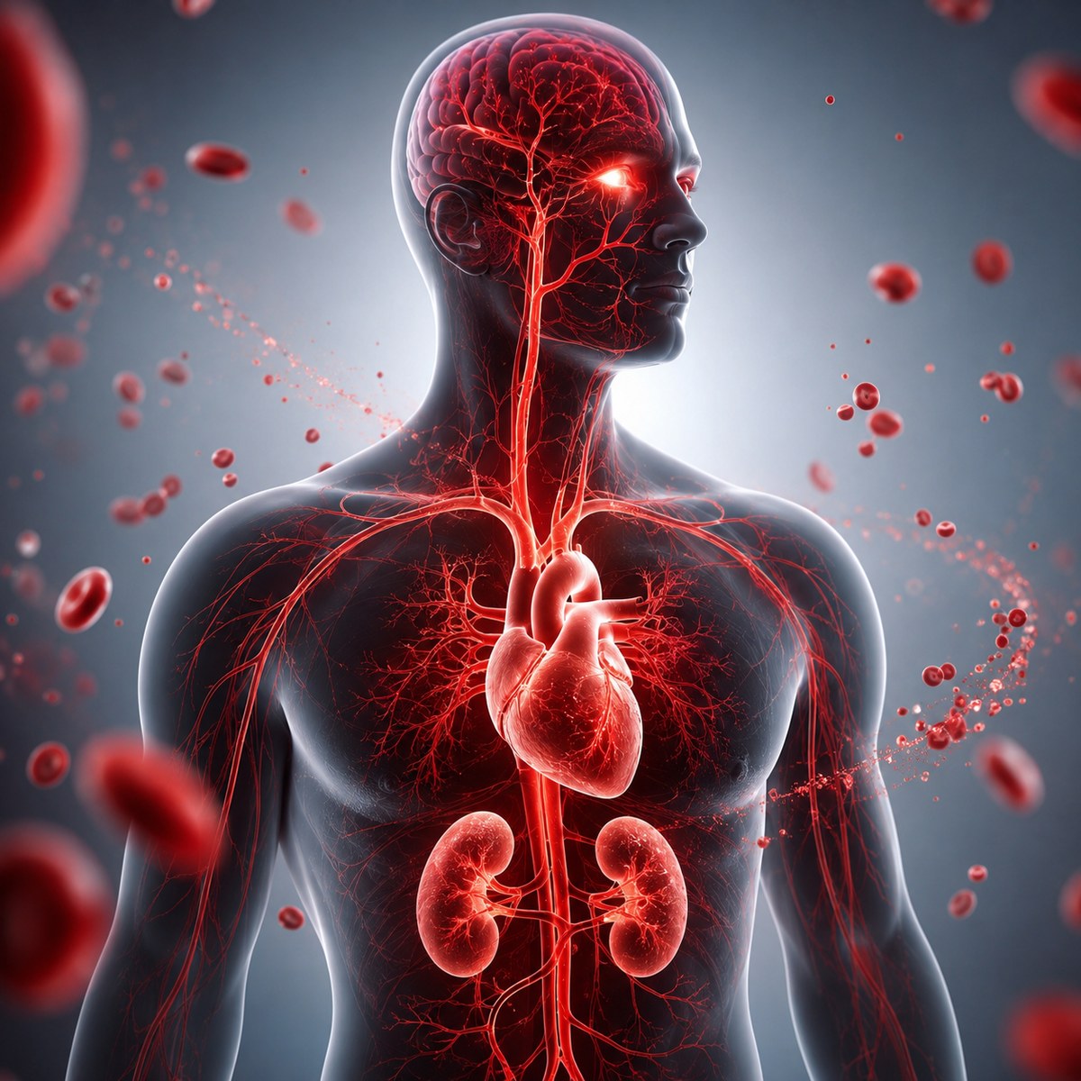 An illustration shows one vessel network connecting the eyes, heart, kidneys, and brain.