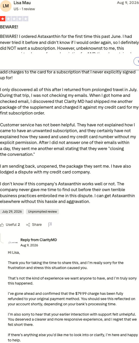 ClarityMD Trustpilot 1-star review: unauthorized subscription charges on a retained card