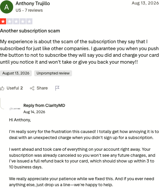 ClarityMD Trustpilot 1-star review: subscription scam