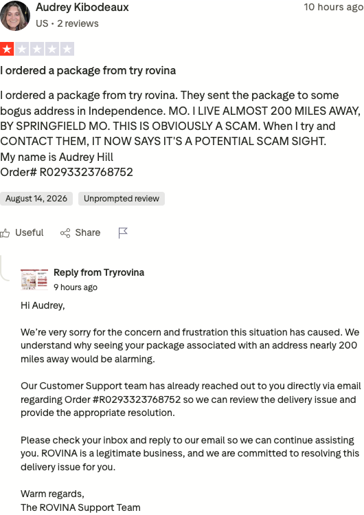 Rovina Trustpilot 1-star review: bogus address scam