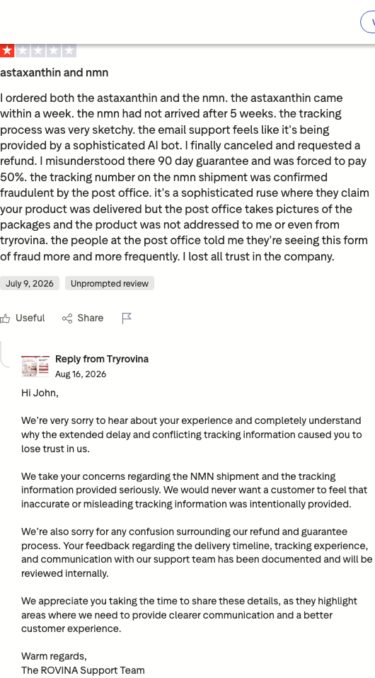 Rovina Trustpilot 1-star review: post office confirmed fraudulent tracking