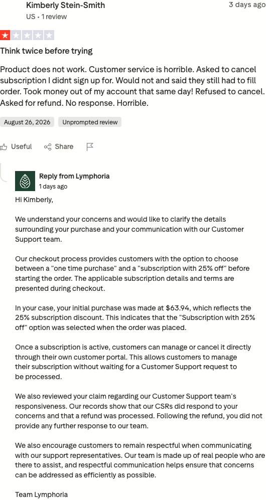 Lymphoria Trustpilot 1-star review: refused to cancel subscription, refused refund